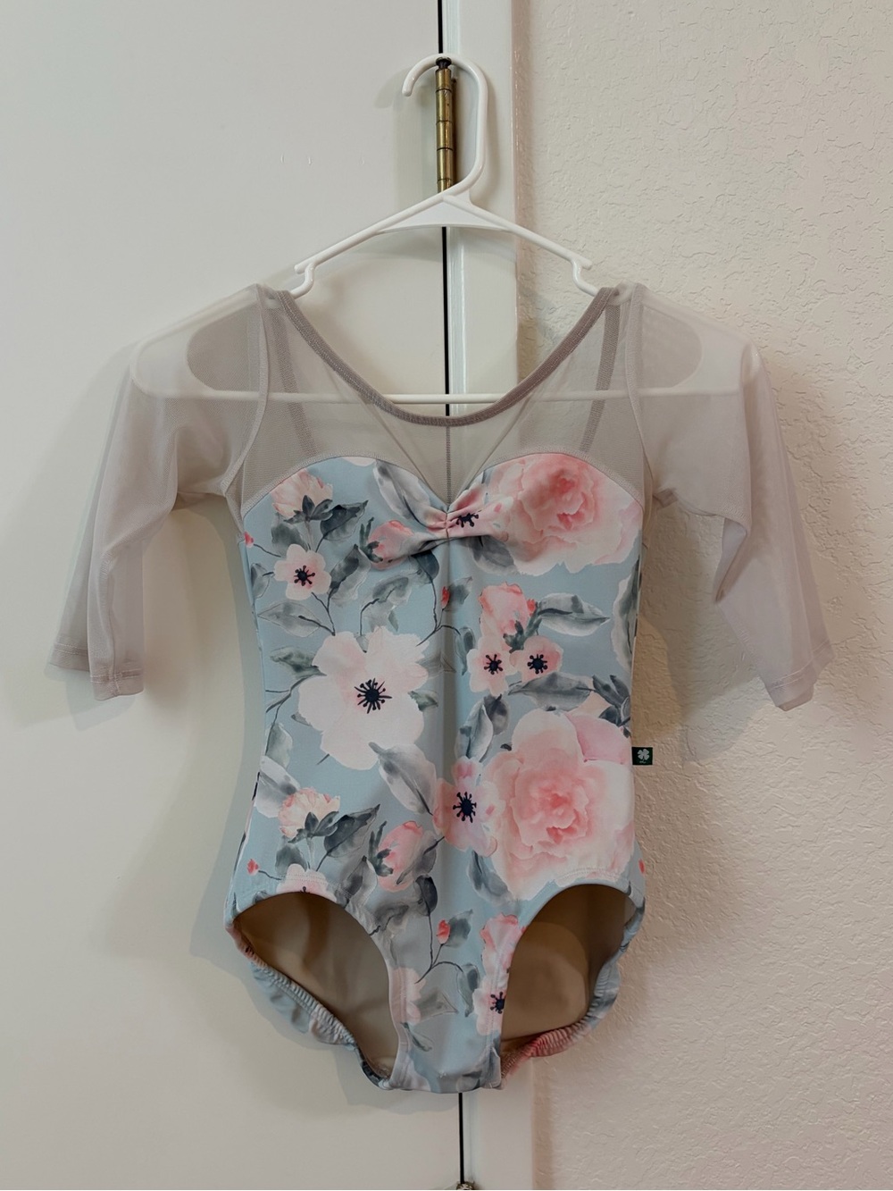 EUC LuckyLeo Floral Mesh-Top Leotard with Half Sleeves Adult Small